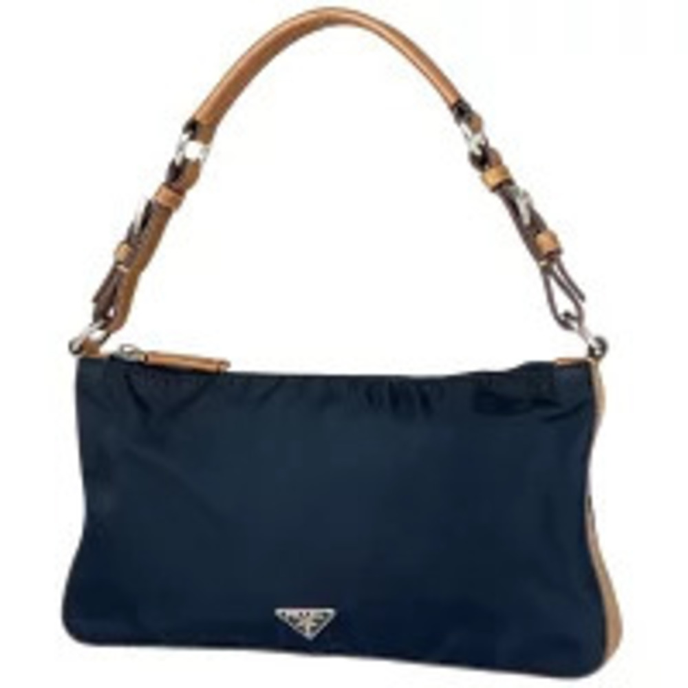 Prada Plate Shoulder Bag Hobo Handbag Navy Blue Brown
